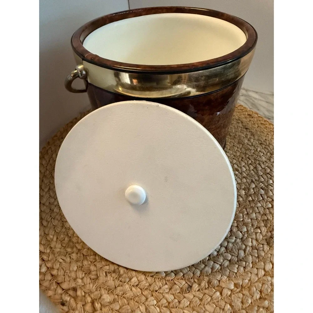 Vintage MCM faux tortoise vinyl ice bucket with‎ gold trim